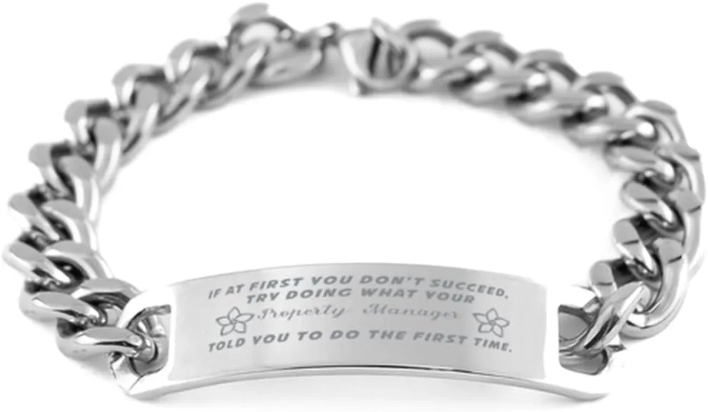 GIFTVILLE & SURPRISE Property Manager Bracelet, If at first you don't succeed, try doing what your athletic trainer told you to do the first time., Cuban Link Chain Necklace, Property Manager Gifts