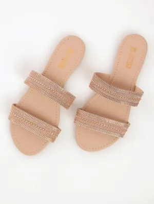 Glitter Stud Double Strap Mule Sandal - Rose Gold