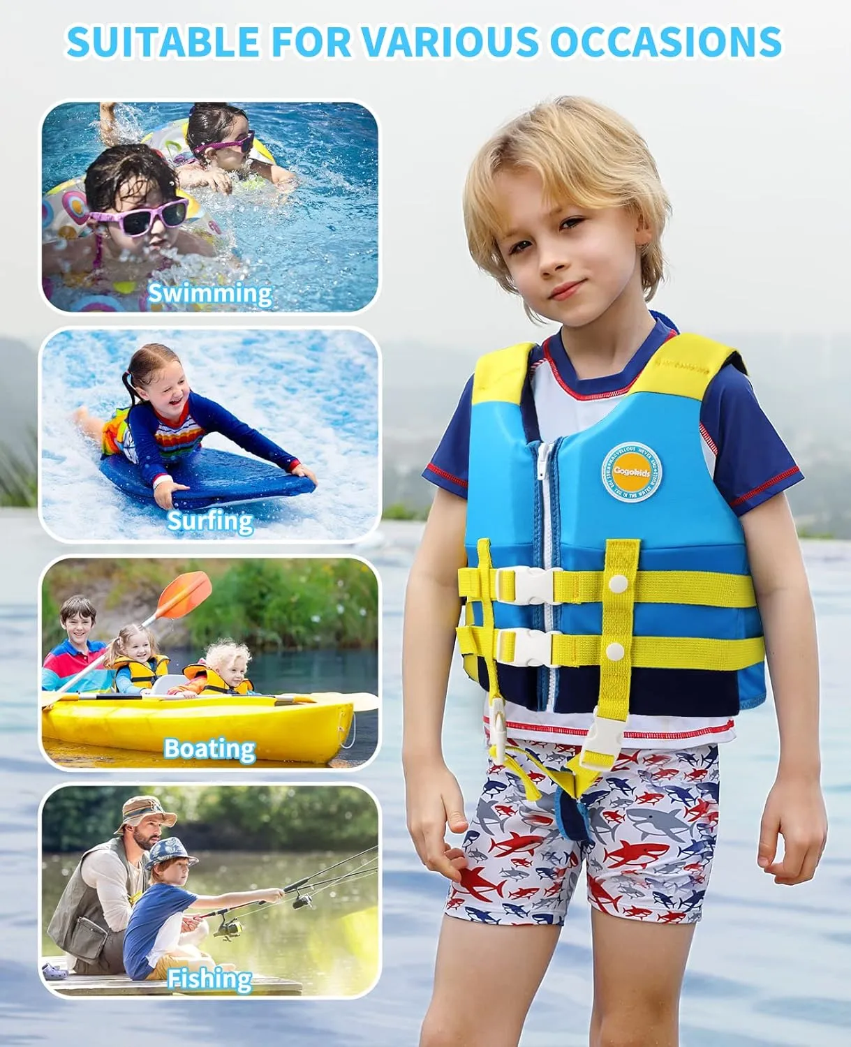 Gogokids Toddler Swim Vest, Kids Floaties for Boys Girls 20-30-40-50-60-70 pounds, Float Jacket with Adjustable Safety Strap, Pool Floation Swimwear for Children, Age 1-9 Years