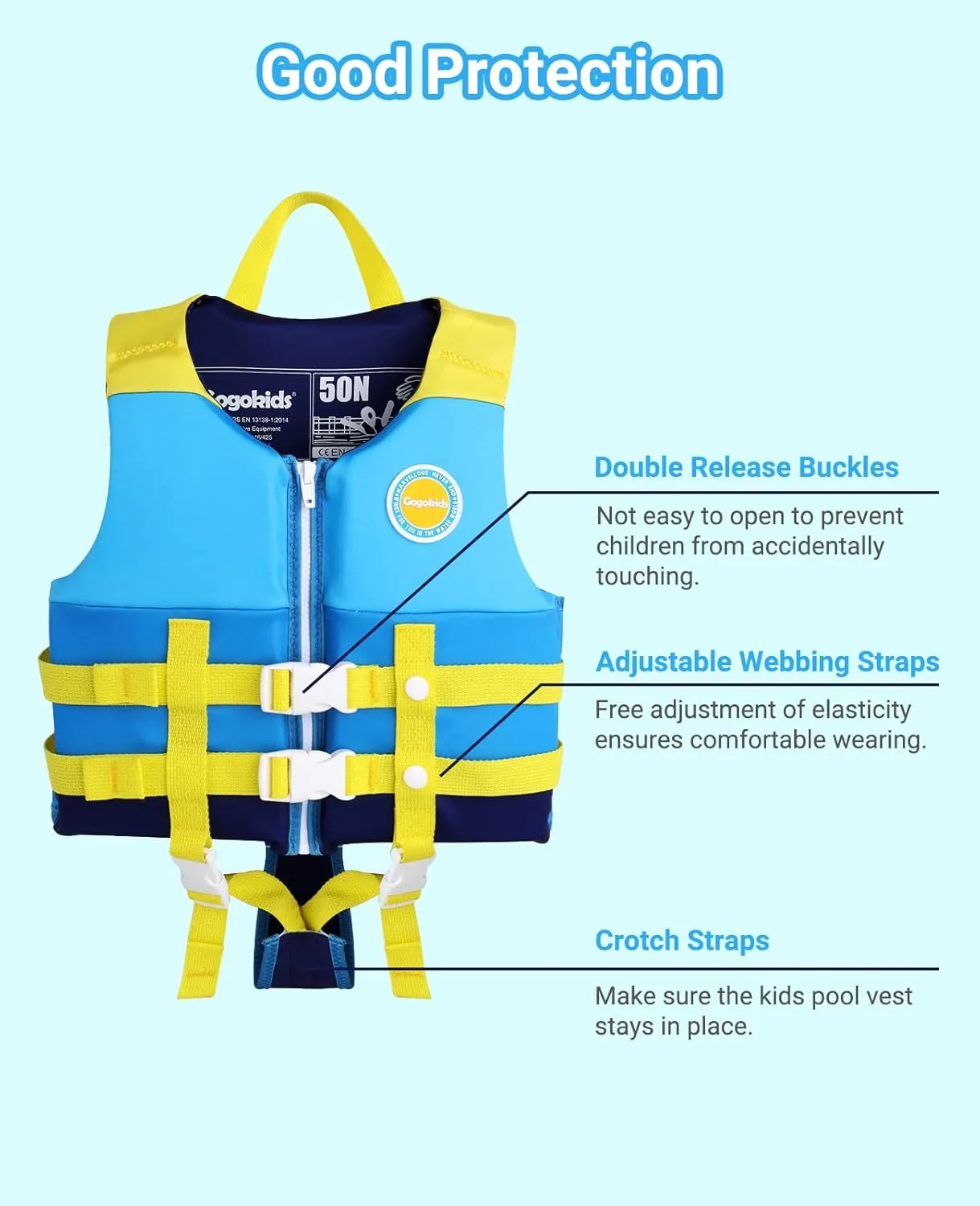 Gogokids Toddler Swim Vest, Kids Floaties for Boys Girls 20-30-40-50-60-70 pounds, Float Jacket with Adjustable Safety Strap, Pool Floation Swimwear for Children, Age 1-9 Years