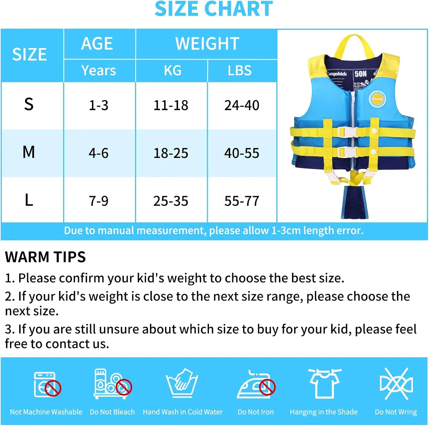Gogokids Toddler Swim Vest, Kids Floaties for Boys Girls 20-30-40-50-60-70 pounds, Float Jacket with Adjustable Safety Strap, Pool Floation Swimwear for Children, Age 1-9 Years