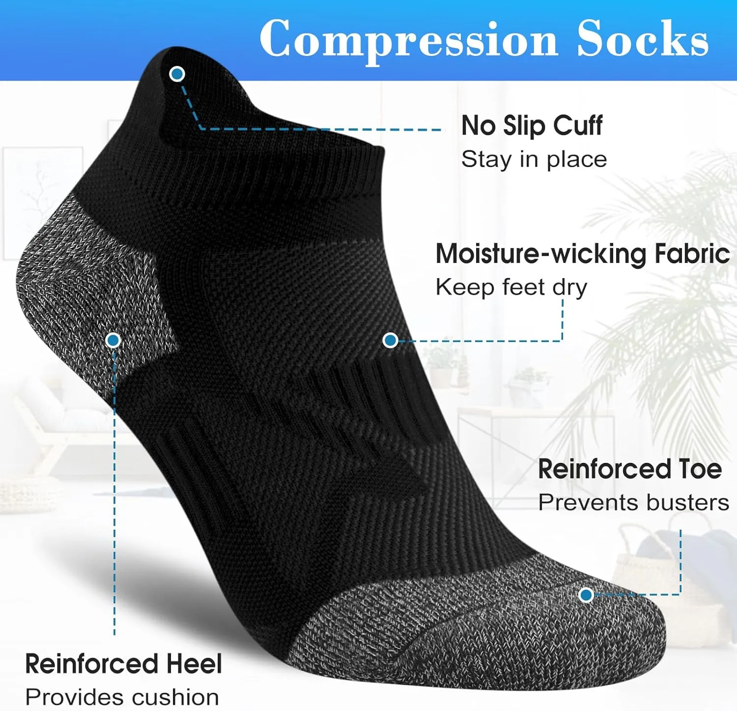 Gonii Compression Athletic Socks Cushioned Anti-Blister Comfort Fit Ankle Socks 5-6 Pairs