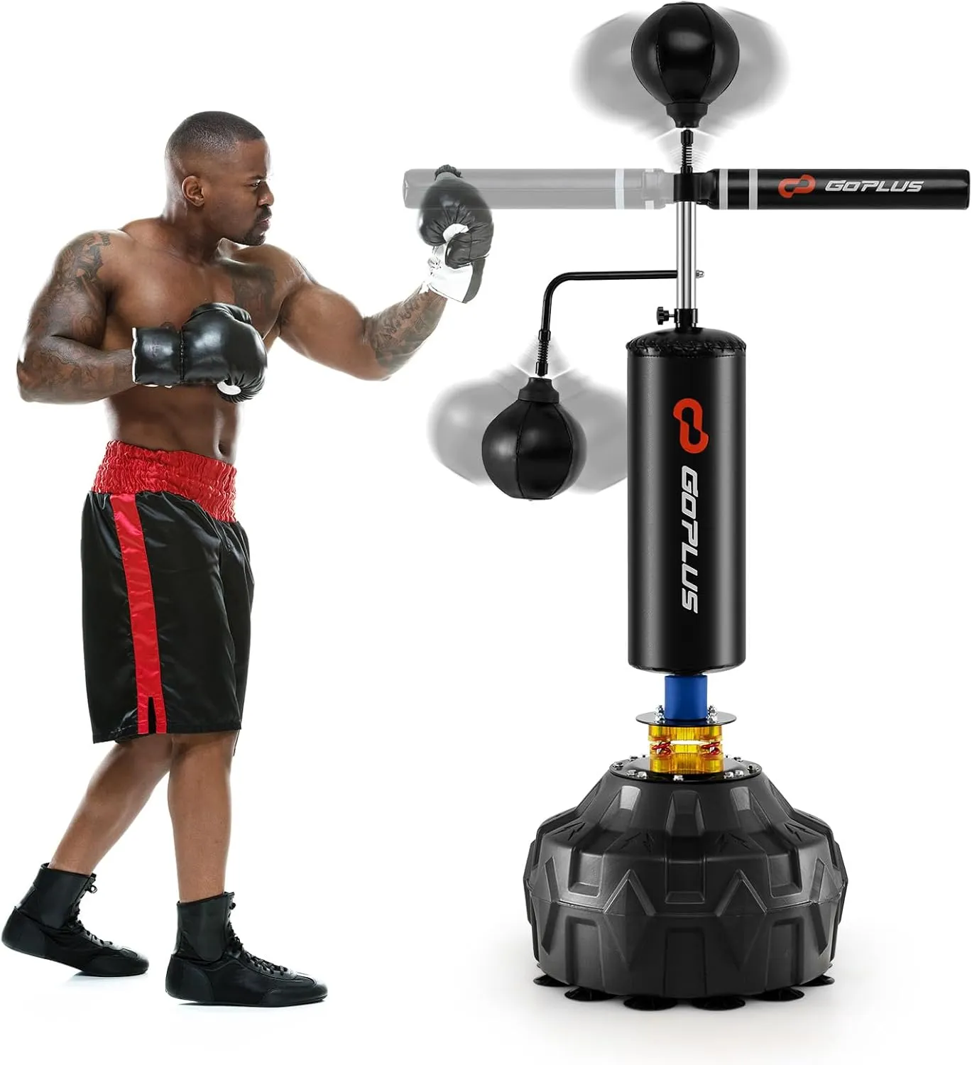 Goplus Boxing Speed Trainer, Freestanding Punching Bag 360° Spinning Bar with 2 Reflex Speed Balls, Shock Absorbers, Fillable Base, Height Adjustable Boxing Training Equipment for Teens Adults