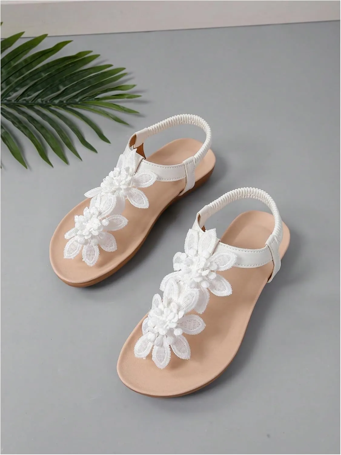 GORGLITTER Women's Flower Flat Sandals Wedding Sandals for Bride T-Strap Thongs Open Toe Summer Beach Shoes