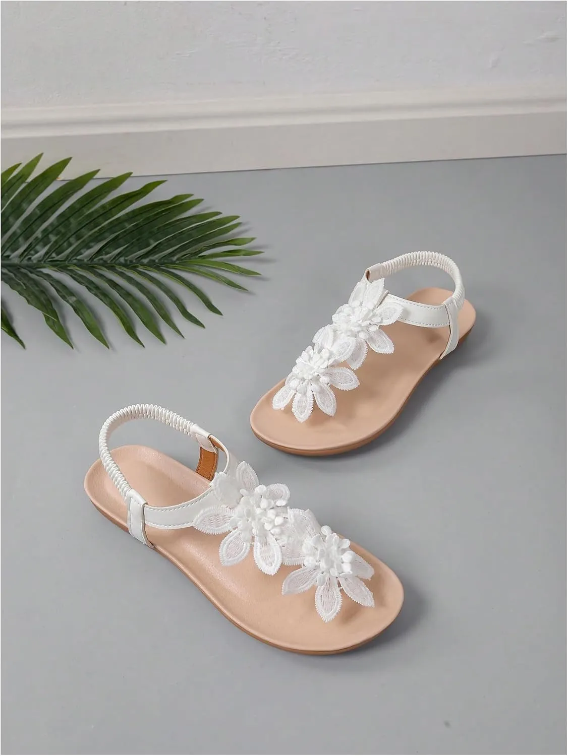 GORGLITTER Women's Flower Flat Sandals Wedding Sandals for Bride T-Strap Thongs Open Toe Summer Beach Shoes