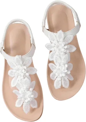 GORGLITTER Women's Flower Flat Sandals Wedding Sandals for Bride T-Strap Thongs Open Toe Summer Beach Shoes