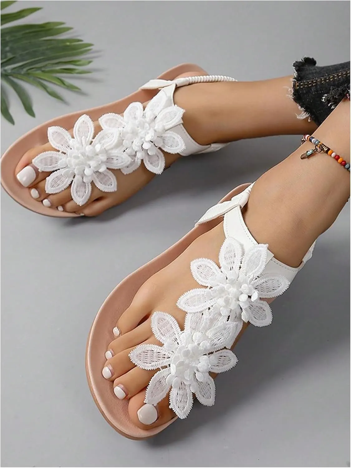 GORGLITTER Women's Flower Flat Sandals Wedding Sandals for Bride T-Strap Thongs Open Toe Summer Beach Shoes