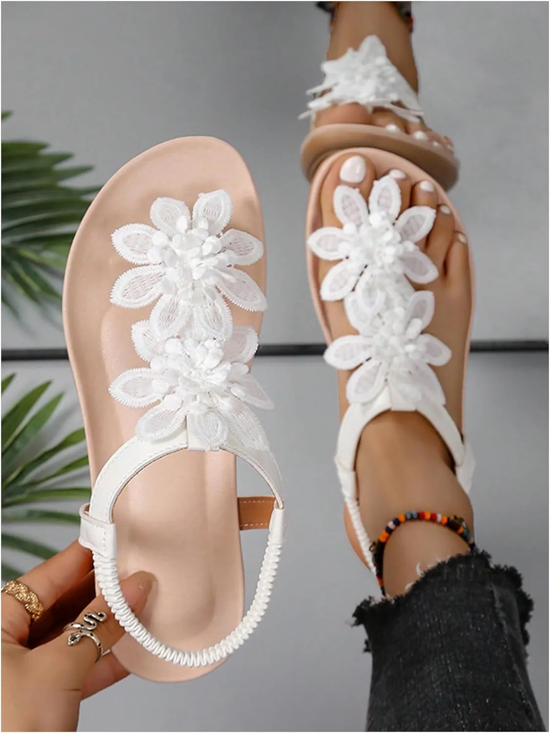 GORGLITTER Women's Flower Flat Sandals Wedding Sandals for Bride T-Strap Thongs Open Toe Summer Beach Shoes