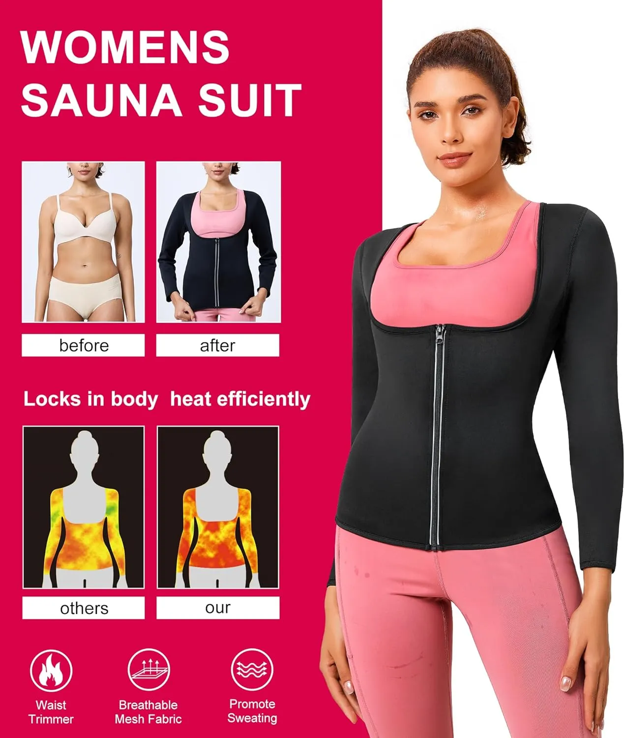 Gotoly Women Waist Trainer Hot Neoprene Shirt Sauna Suit Sweat Body Shaper Jacket Top Zipper Long Sleeve