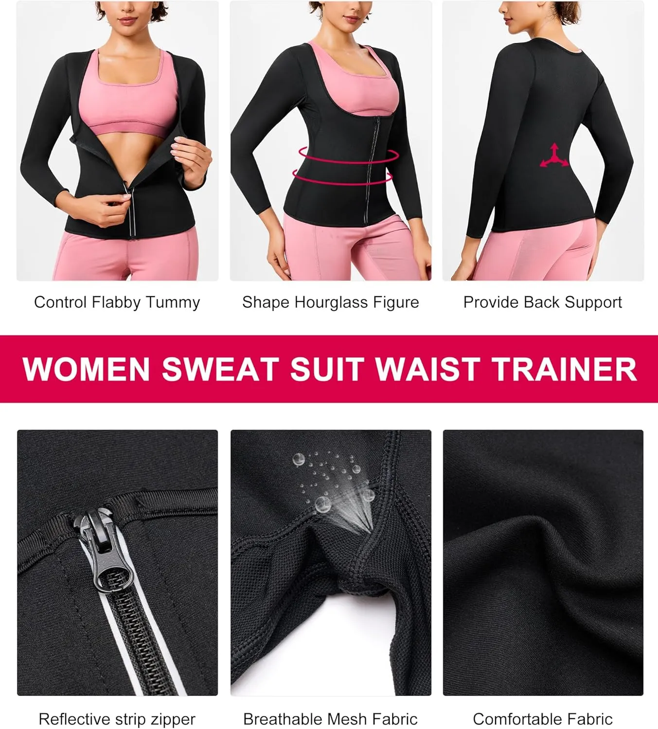 Gotoly Women Waist Trainer Hot Neoprene Shirt Sauna Suit Sweat Body Shaper Jacket Top Zipper Long Sleeve