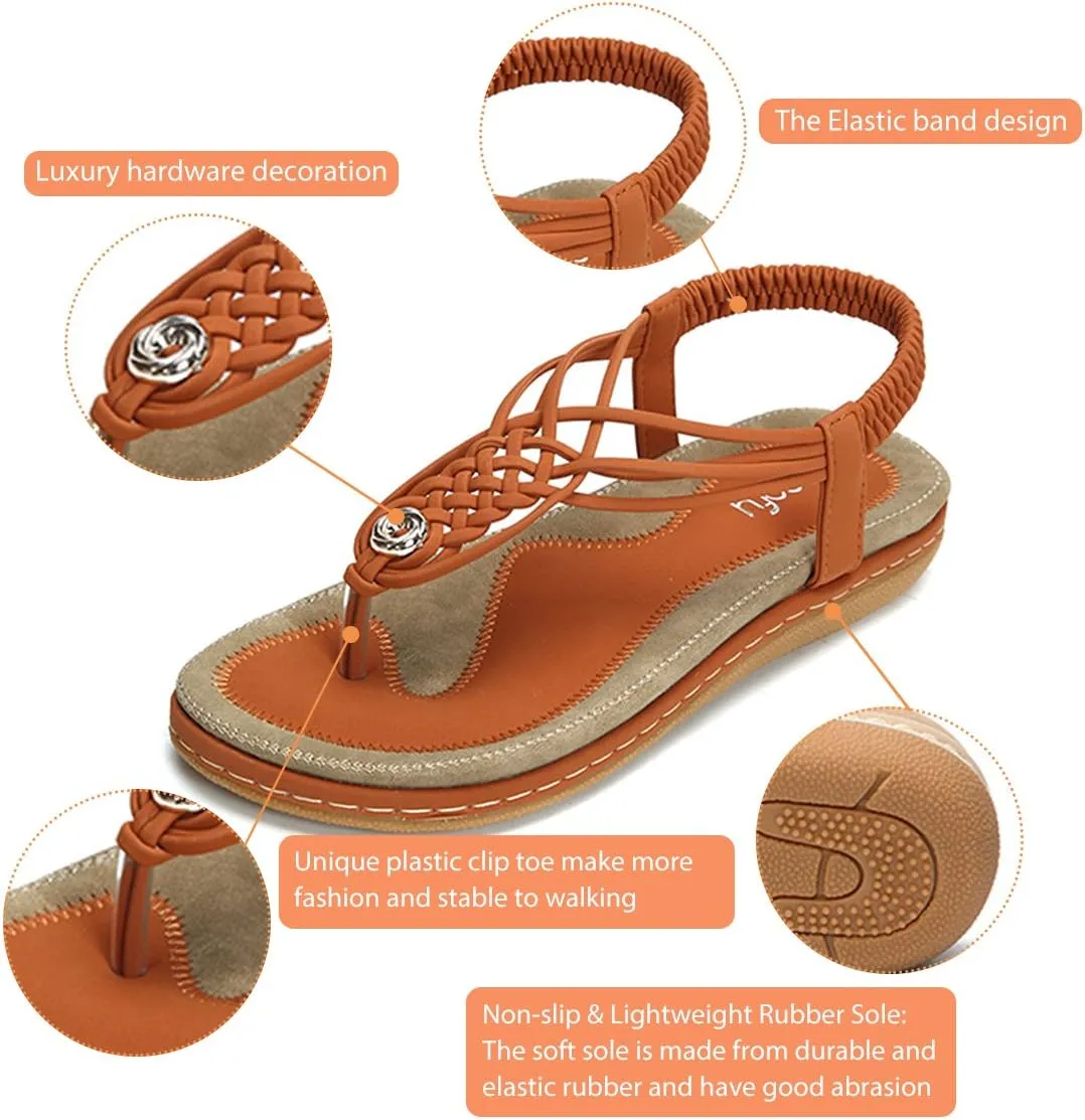 gracosy Summer Sandals for Women, Flat Sandals Flip Flops Thongs Clip Toe Slip On Elastic T-Strap Bohemia Beach Slippers