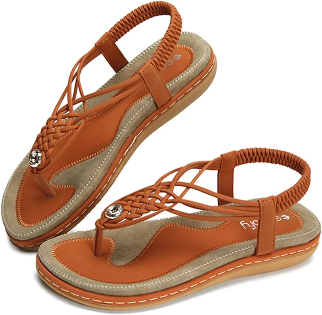 gracosy Summer Sandals for Women, Flat Sandals Flip Flops Thongs Clip Toe Slip On Elastic T-Strap Bohemia Beach Slippers