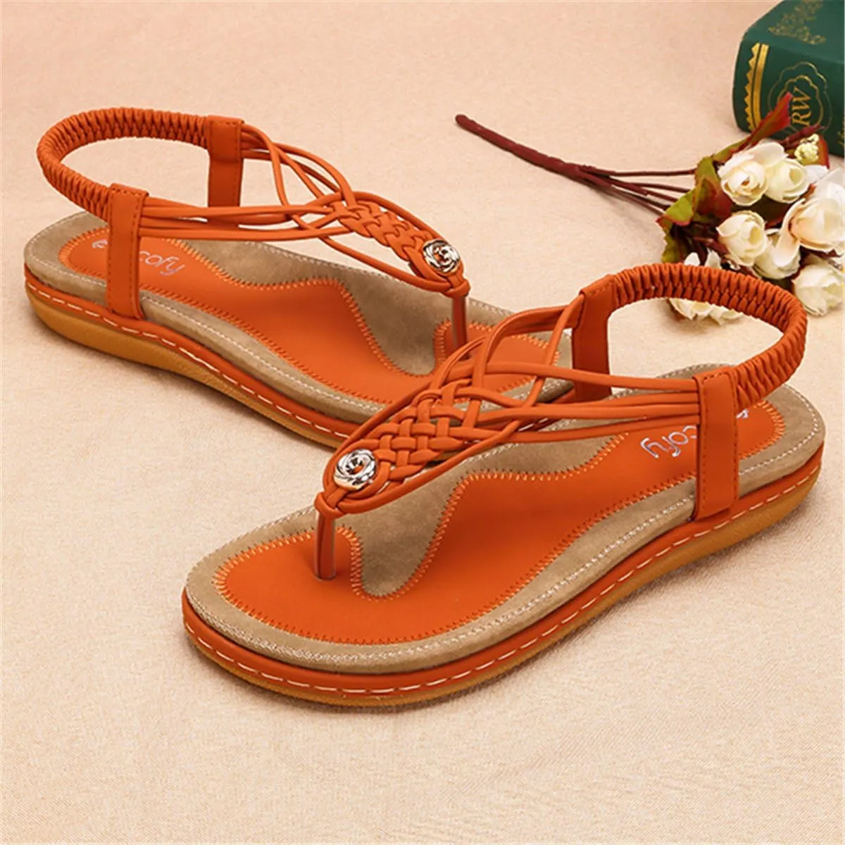 gracosy Summer Sandals for Women, Flat Sandals Flip Flops Thongs Clip Toe Slip On Elastic T-Strap Bohemia Beach Slippers