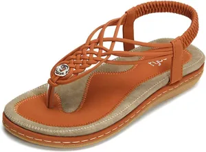 gracosy Summer Sandals for Women, Flat Sandals Flip Flops Thongs Clip Toe Slip On Elastic T-Strap Bohemia Beach Slippers
