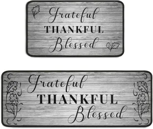 Grateful Thankful Blessed Kitchen Rugs Set of 2 Grey Non-Slip Kitchen Rug and Mat Cushioned Comfort Kitchen Standing Rug for Kitchen Floor Farmhouse Thanksgiving Decor 17"x47" 17"x30"