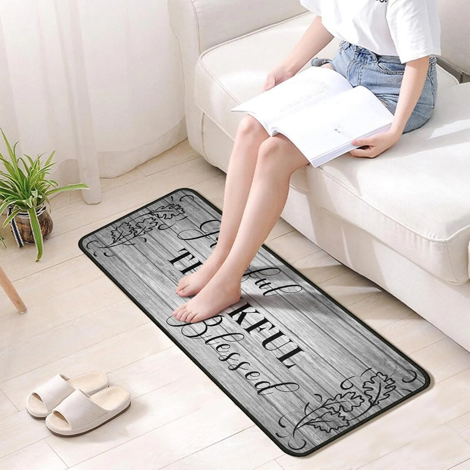 Grateful Thankful Blessed Kitchen Rugs Set of 2 Grey Non-Slip Kitchen Rug and Mat Cushioned Comfort Kitchen Standing Rug for Kitchen Floor Farmhouse Thanksgiving Decor 17"x47" 17"x30"