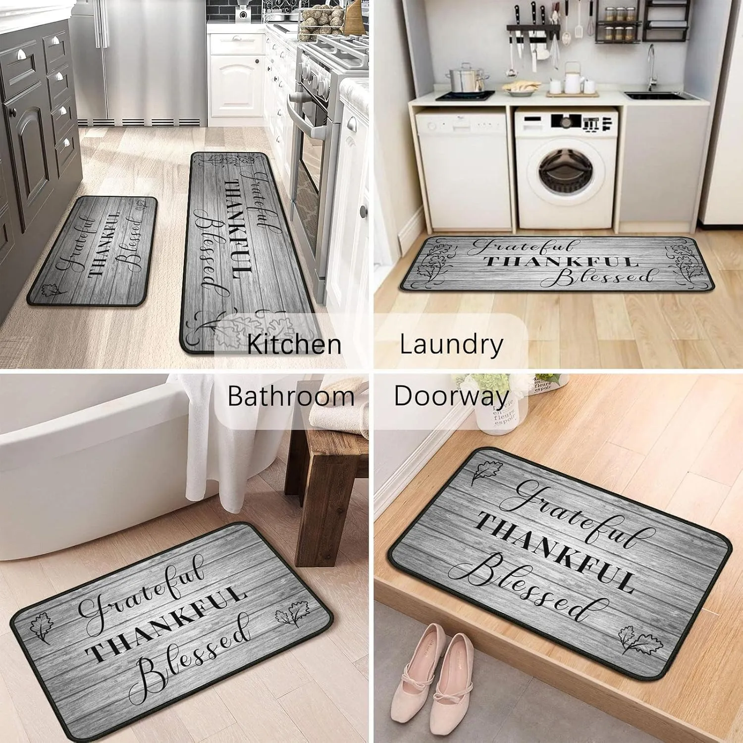 Grateful Thankful Blessed Kitchen Rugs Set of 2 Grey Non-Slip Kitchen Rug and Mat Cushioned Comfort Kitchen Standing Rug for Kitchen Floor Farmhouse Thanksgiving Decor 17"x47" 17"x30"