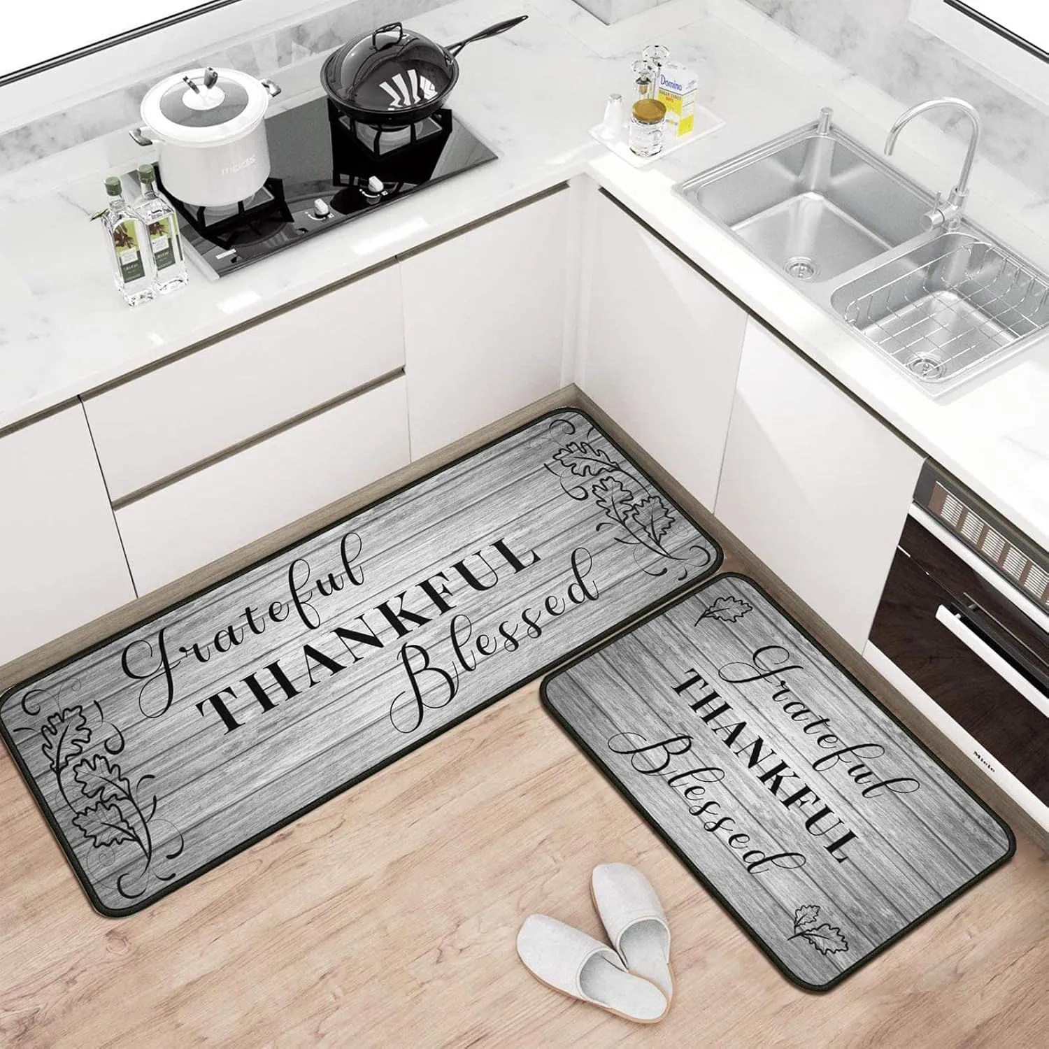 Grateful Thankful Blessed Kitchen Rugs Set of 2 Grey Non-Slip Kitchen Rug and Mat Cushioned Comfort Kitchen Standing Rug for Kitchen Floor Farmhouse Thanksgiving Decor 17"x47" 17"x30"