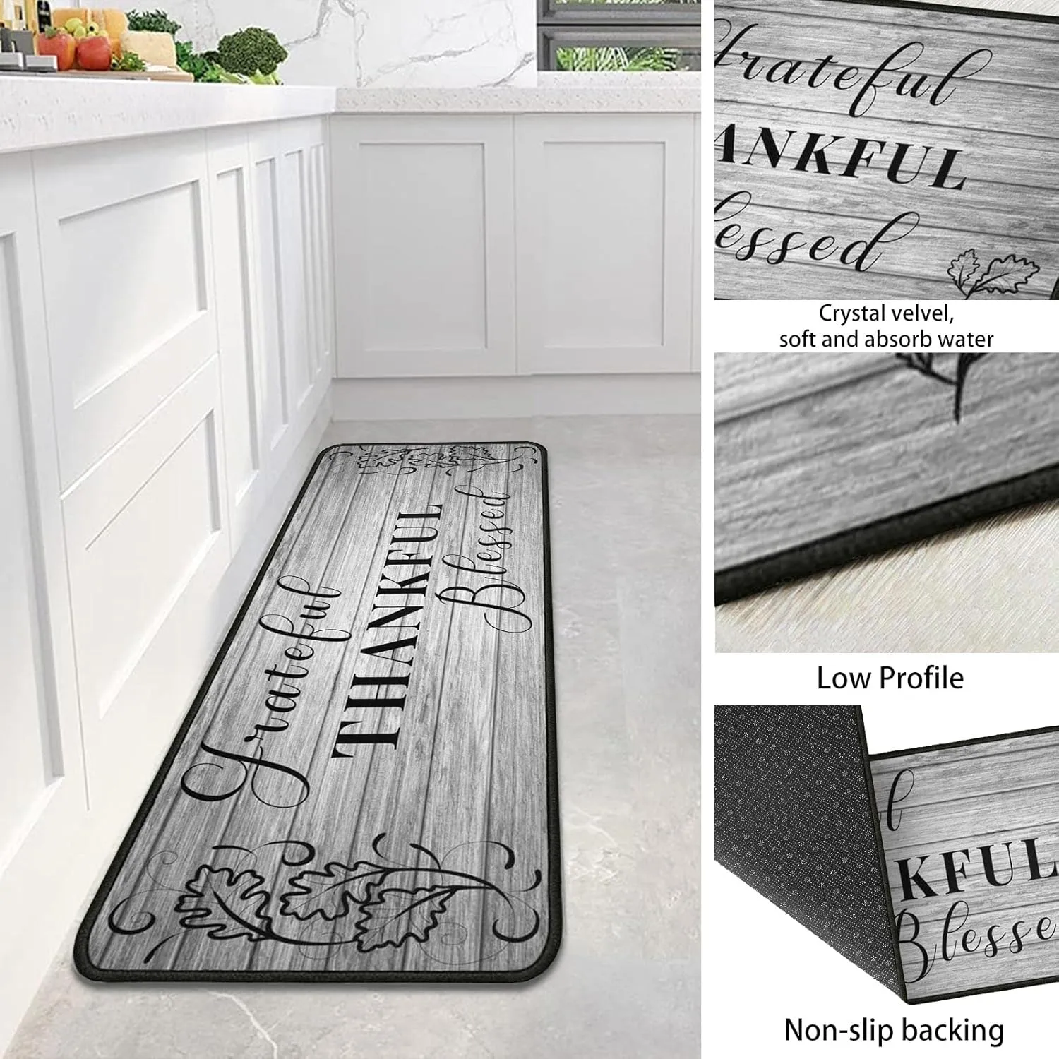 Grateful Thankful Blessed Kitchen Rugs Set of 2 Grey Non-Slip Kitchen Rug and Mat Cushioned Comfort Kitchen Standing Rug for Kitchen Floor Farmhouse Thanksgiving Decor 17"x47" 17"x30"