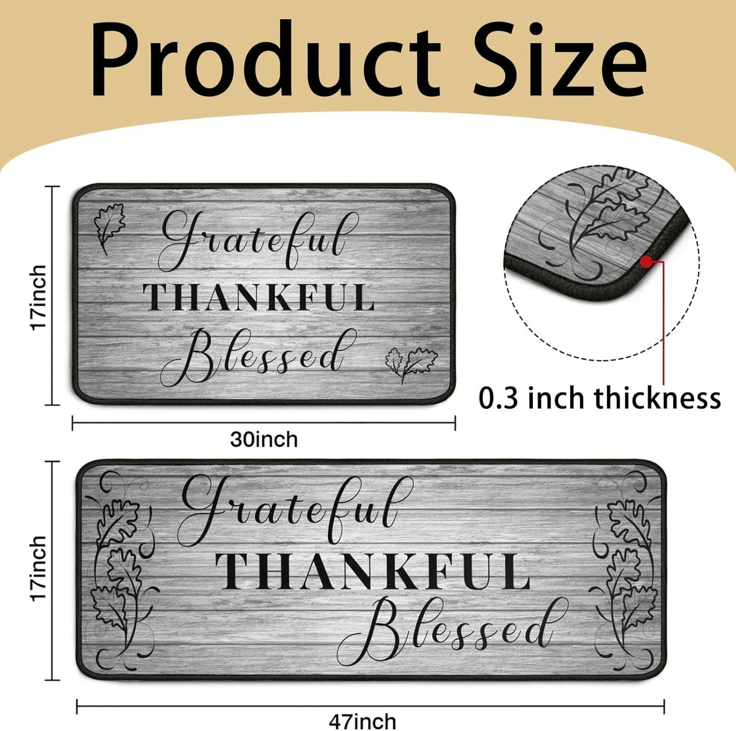 Grateful Thankful Blessed Kitchen Rugs Set of 2 Grey Non-Slip Kitchen Rug and Mat Cushioned Comfort Kitchen Standing Rug for Kitchen Floor Farmhouse Thanksgiving Decor 17"x47" 17"x30"