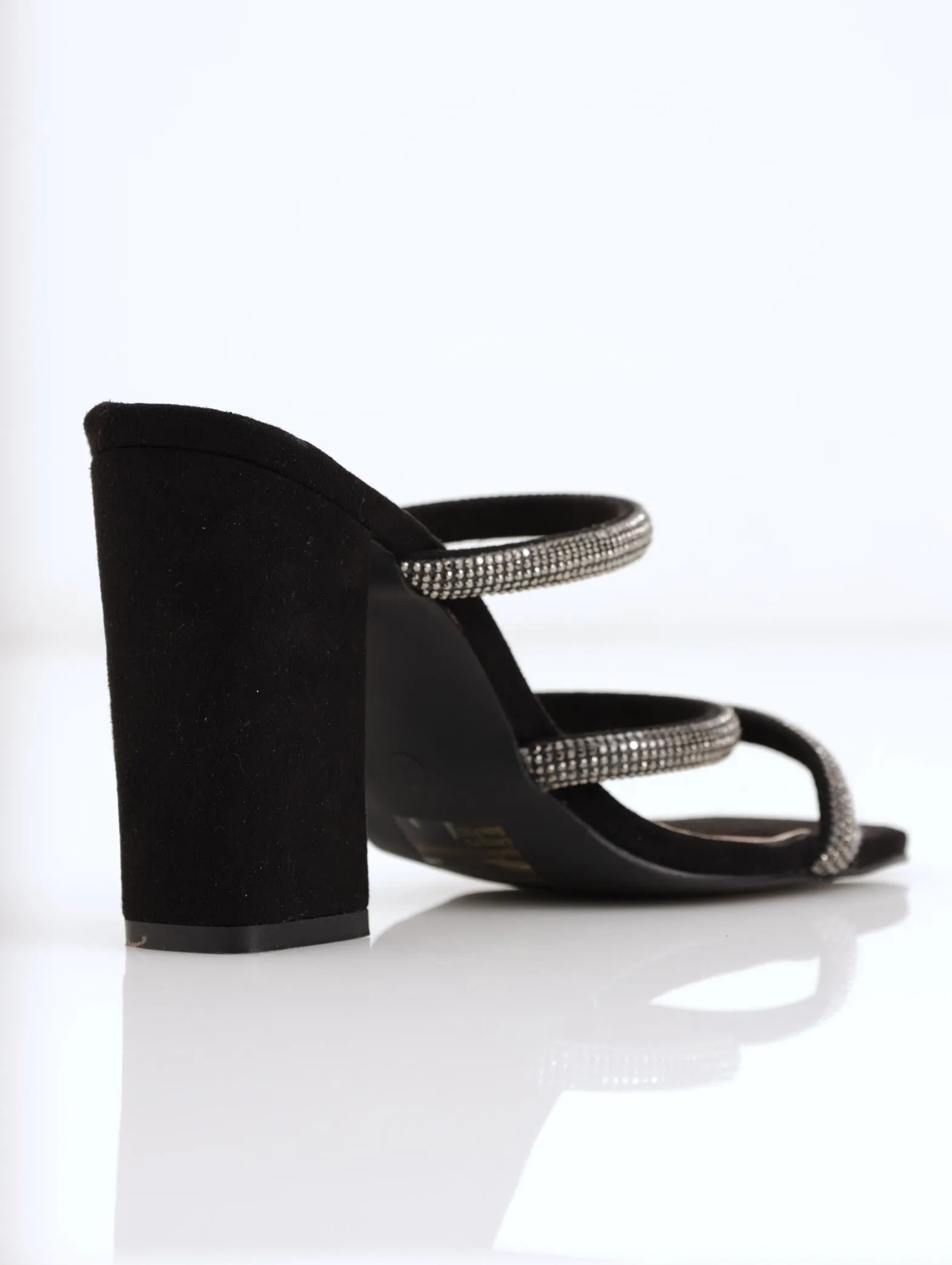 Hi-Block Three Tube Diamante Strap Mule Heel - Black