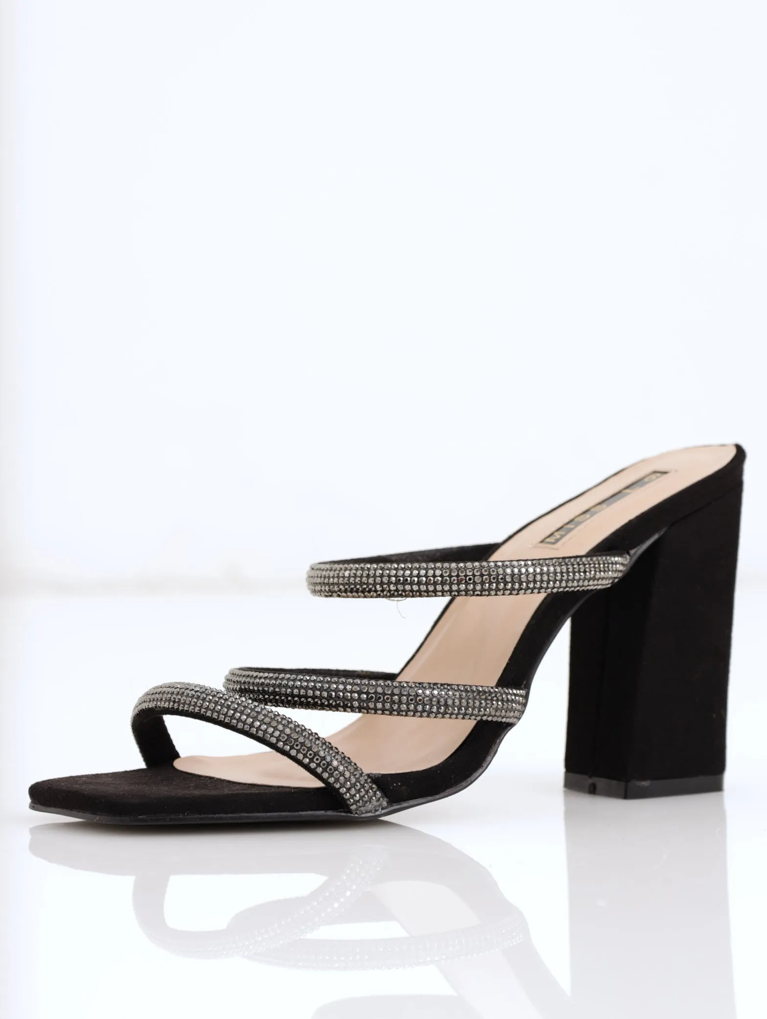 Hi-Block Three Tube Diamante Strap Mule Heel - Black