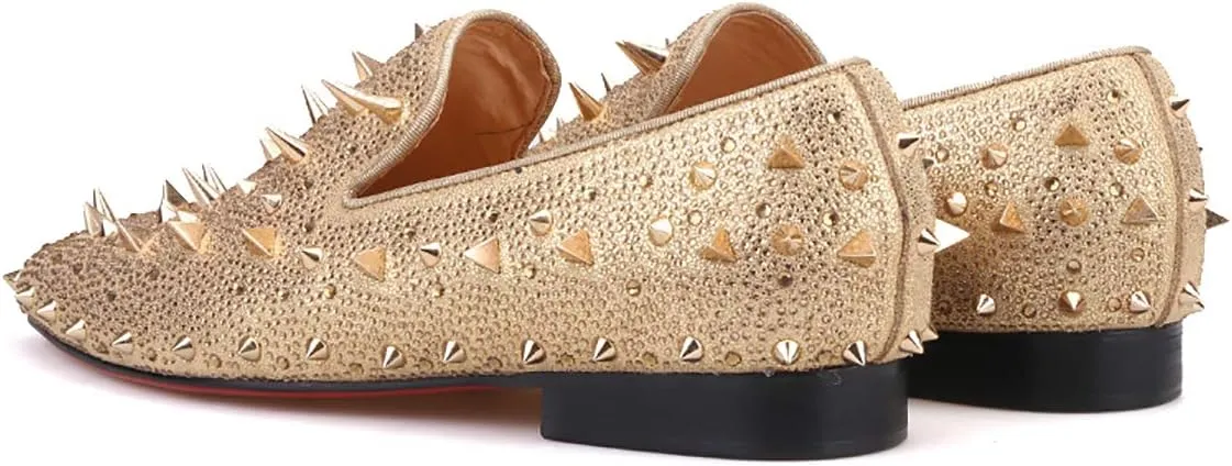 HI&HANN Spikes and Diamonds Men's Glitter Leather Shoes Slip-on Loafer Smoking Slipper