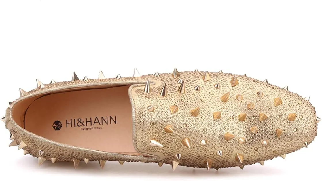 HI&HANN Spikes and Diamonds Men's Glitter Leather Shoes Slip-on Loafer Smoking Slipper