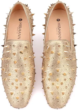HI&HANN Spikes and Diamonds Men's Glitter Leather Shoes Slip-on Loafer Smoking Slipper