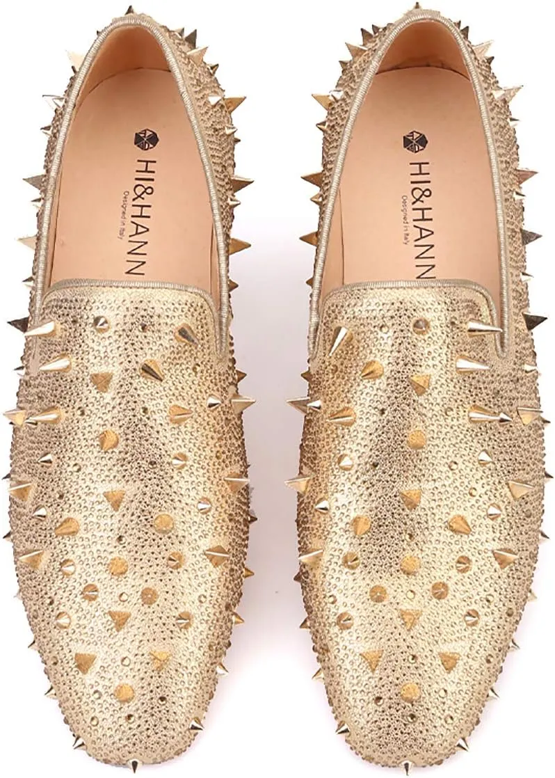 HI&HANN Spikes and Diamonds Men's Glitter Leather Shoes Slip-on Loafer Smoking Slipper