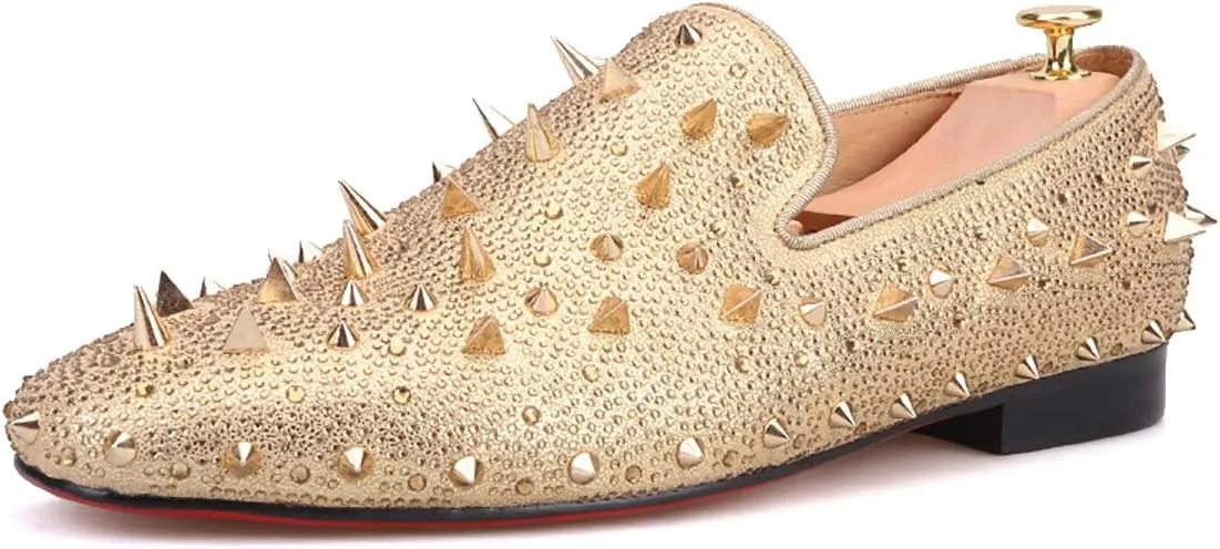 HI&HANN Spikes and Diamonds Men's Glitter Leather Shoes Slip-on Loafer Smoking Slipper