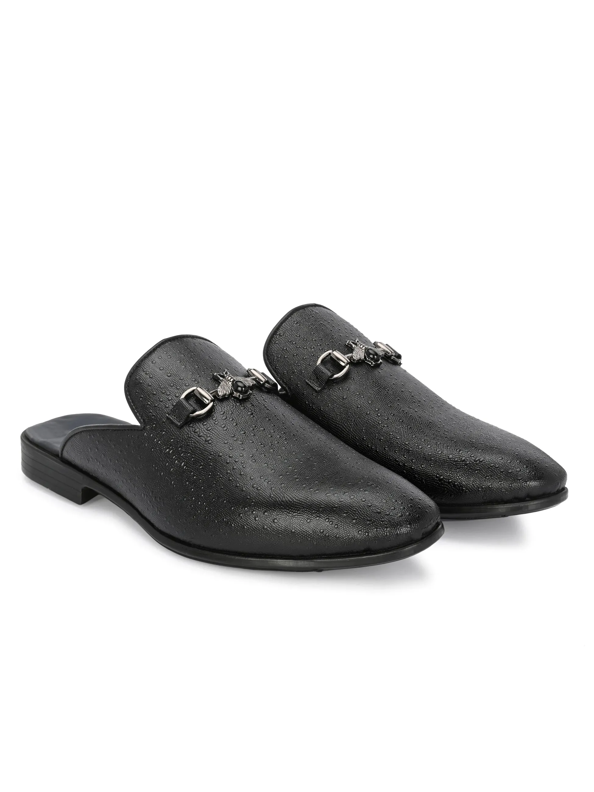 Hitz Men's Black Leather Half Shoes Ethnic Wear Mule Shoes