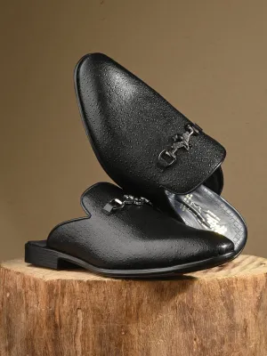 Hitz Men's Black Leather Half Shoes Ethnic Wear Mule Shoes