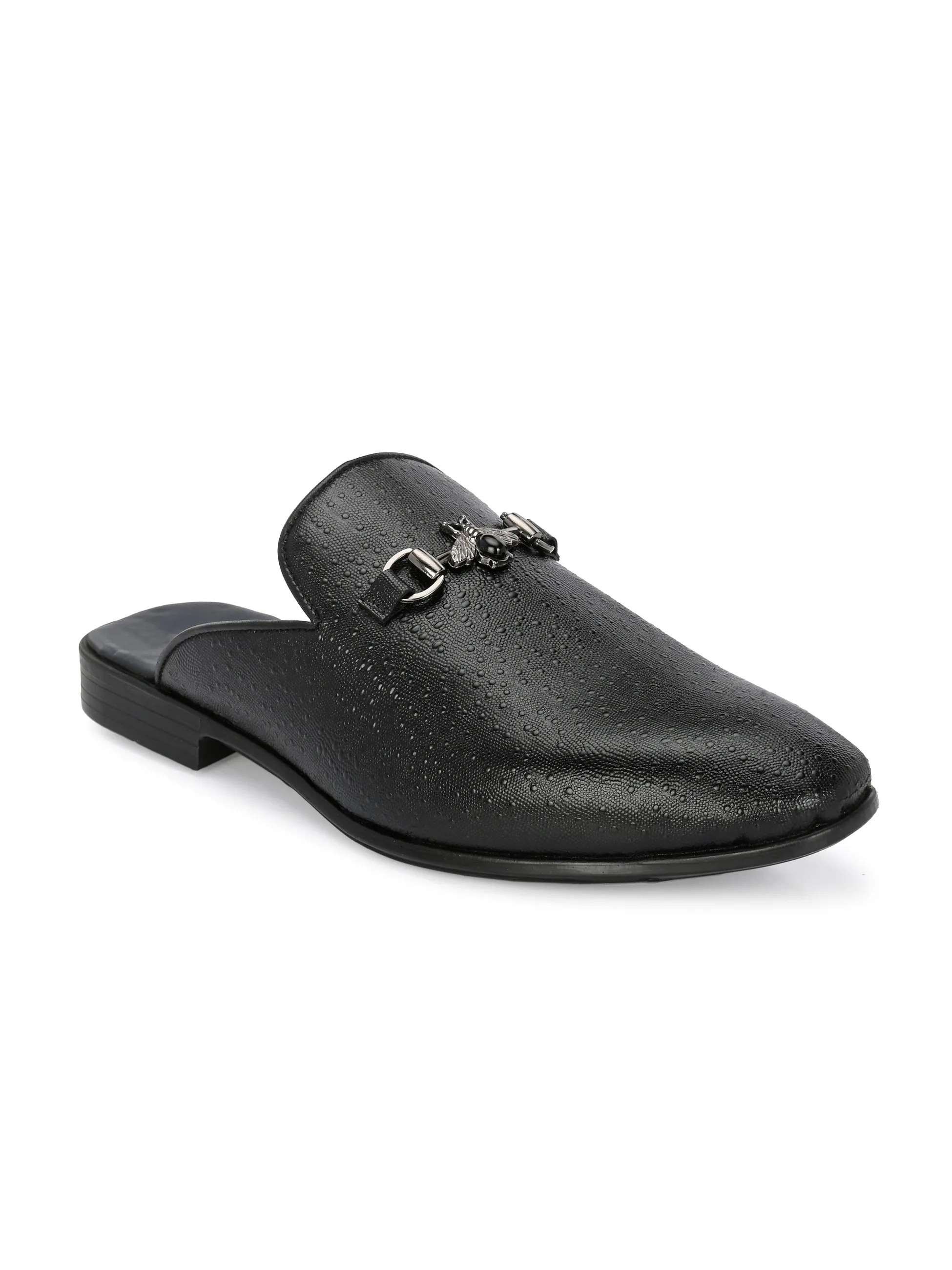 Hitz Men's Black Leather Half Shoes Ethnic Wear Mule Shoes