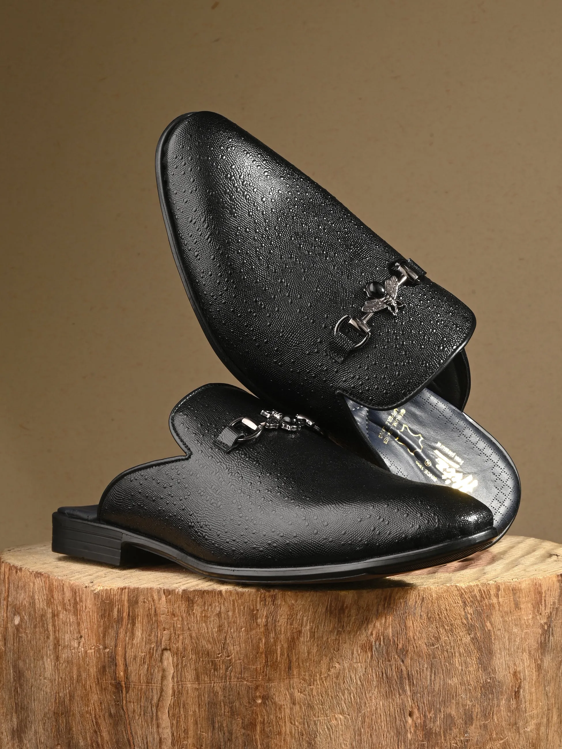 Hitz Men's Black Leather Half Shoes Ethnic Wear Mule Shoes