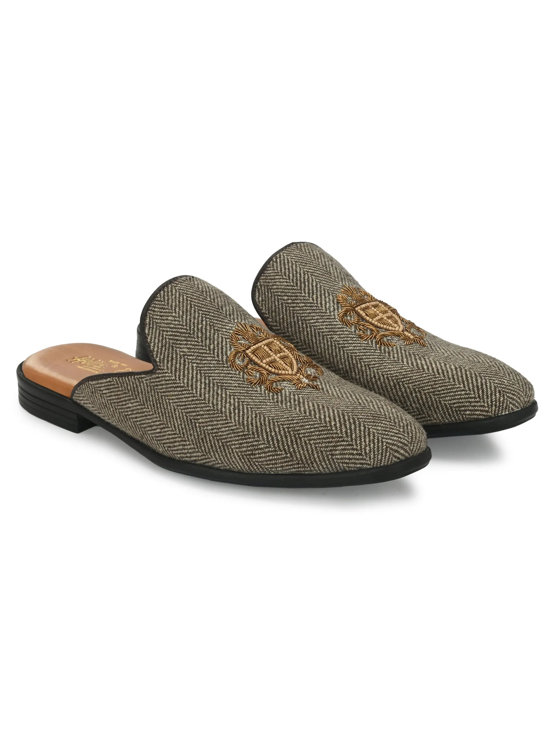 Hitz Men's Brown Leather Half Shoes Ethnic Wear Mule Shoes