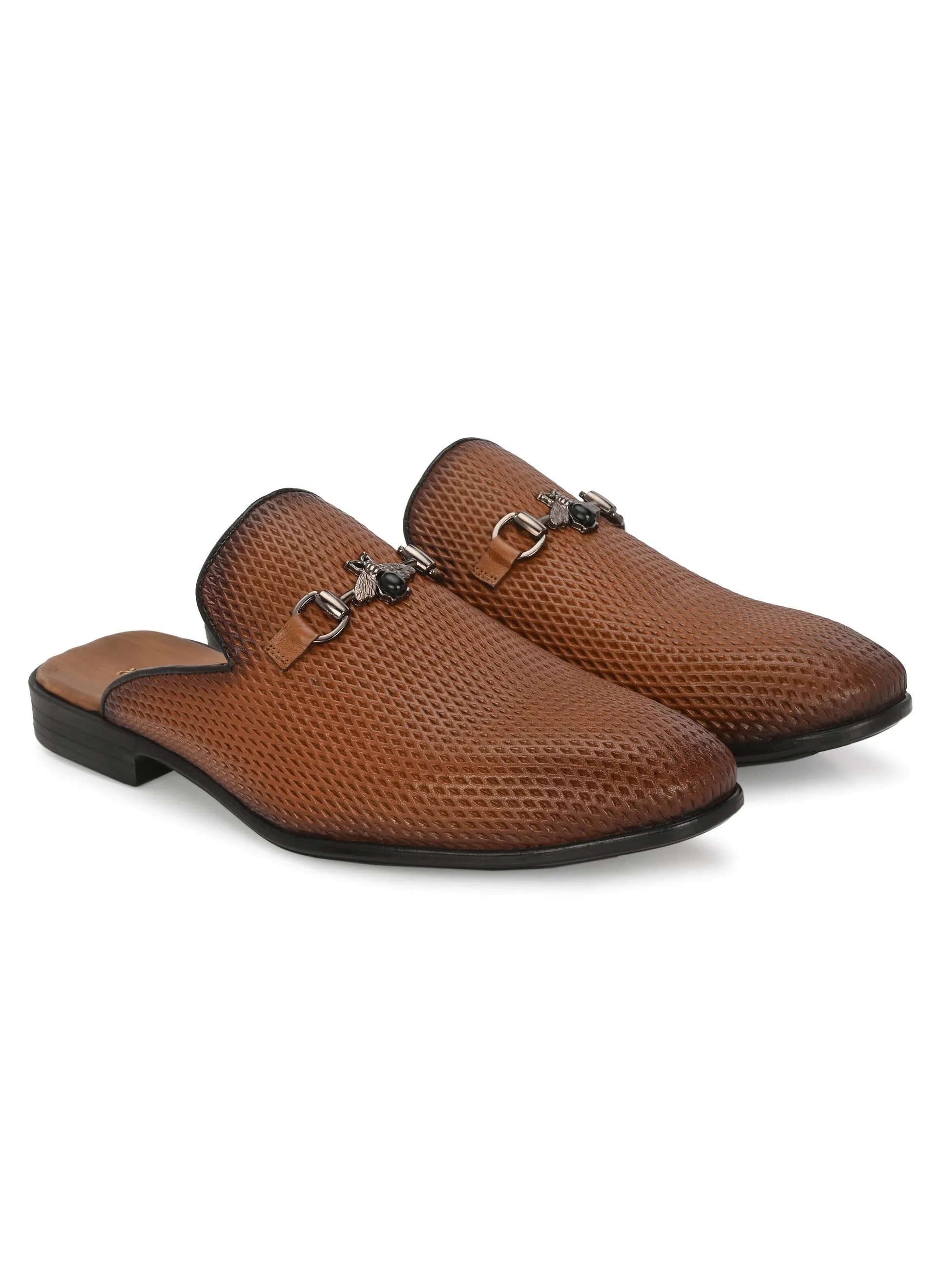 Hitz Men's Tan Leather Half Shoes Ethnic Wear Mule Shoes