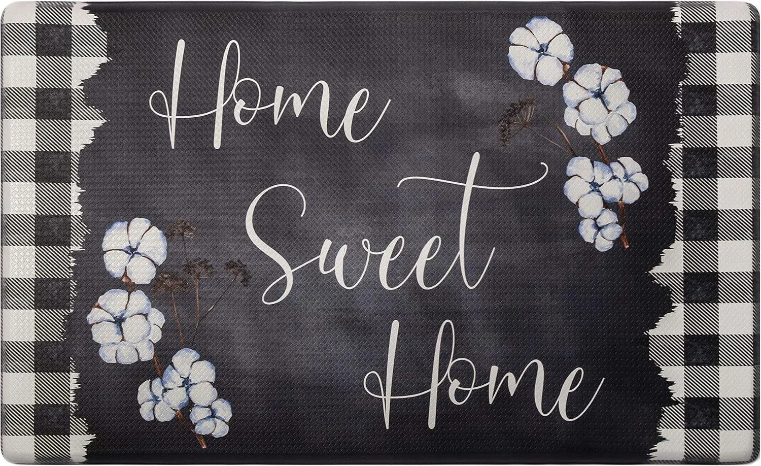 Home Dynamix Cozy Living Home Sweet Home Buffalo Check Border Runner Anti-Fatigue Kitchen Mat, Non-Slip Floor Mat, Padded Standing Desk Mat, Black/White, 17.5"x55"