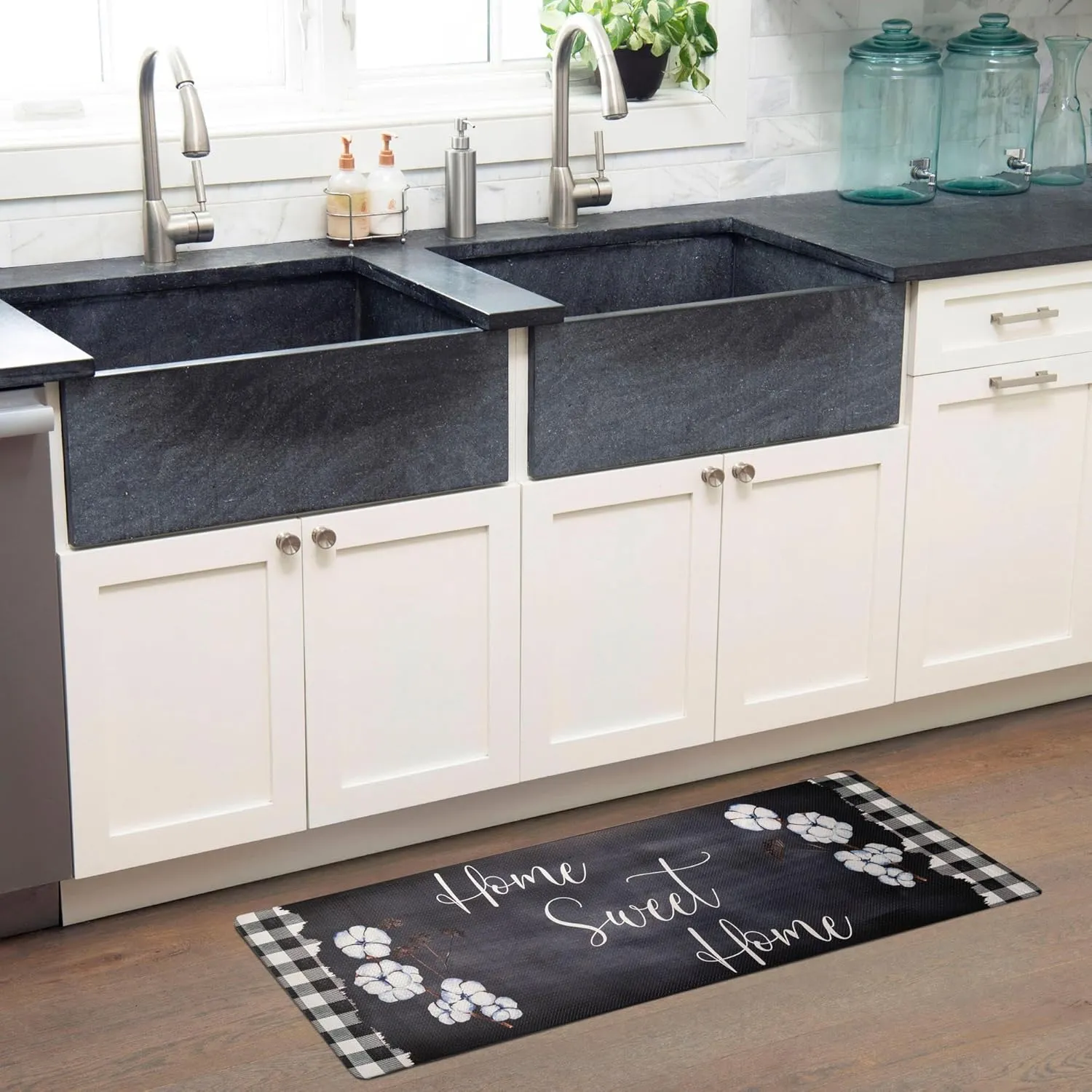 Home Dynamix Cozy Living Home Sweet Home Buffalo Check Border Runner Anti-Fatigue Kitchen Mat, Non-Slip Floor Mat, Padded Standing Desk Mat, Black/White, 17.5"x55"