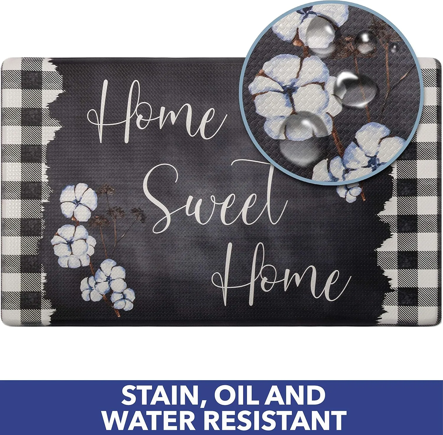 Home Dynamix Cozy Living Home Sweet Home Buffalo Check Border Runner Anti-Fatigue Kitchen Mat, Non-Slip Floor Mat, Padded Standing Desk Mat, Black/White, 17.5"x55"