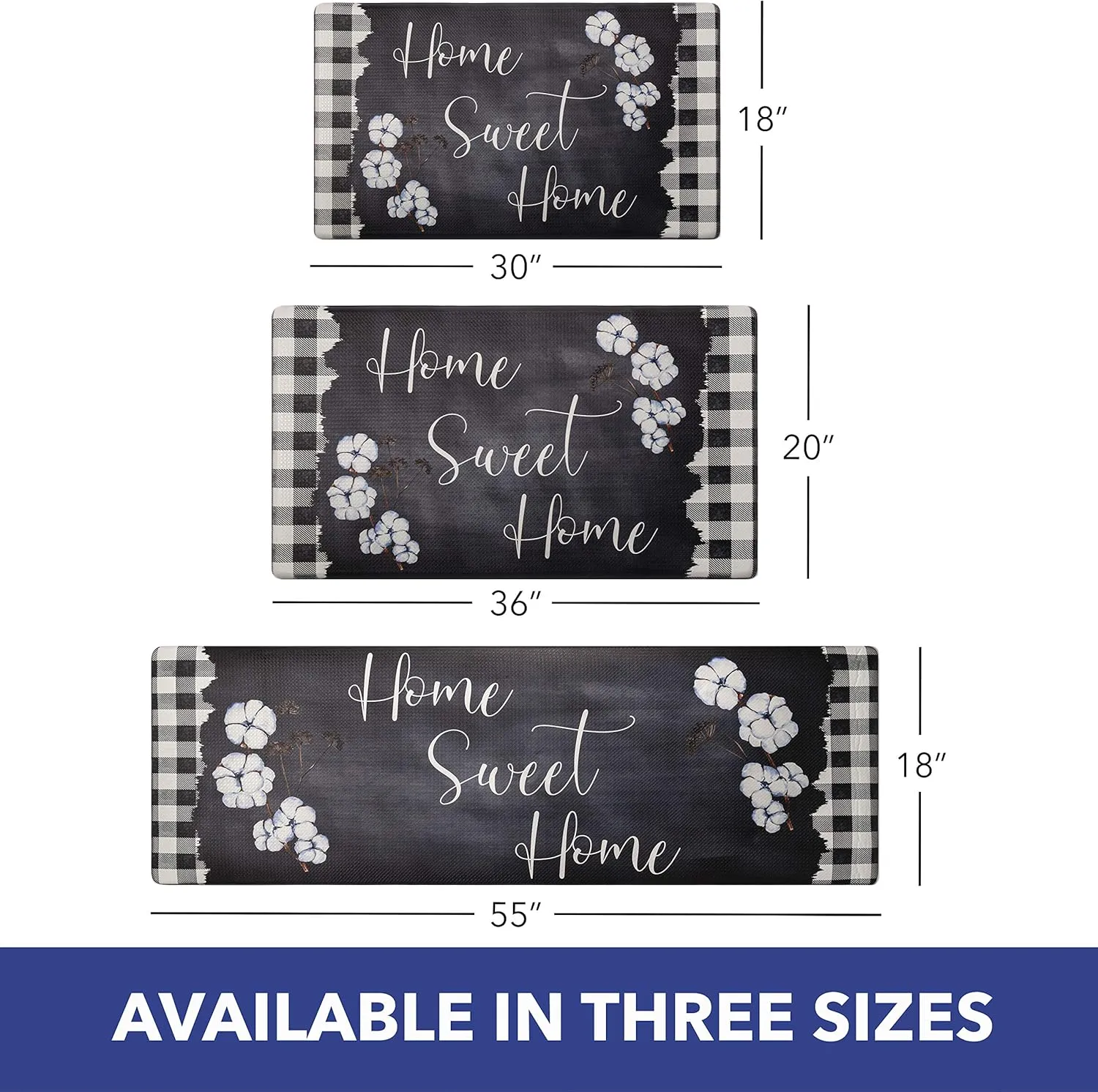 Home Dynamix Cozy Living Home Sweet Home Buffalo Check Border Runner Anti-Fatigue Kitchen Mat, Non-Slip Floor Mat, Padded Standing Desk Mat, Black/White, 17.5"x55"