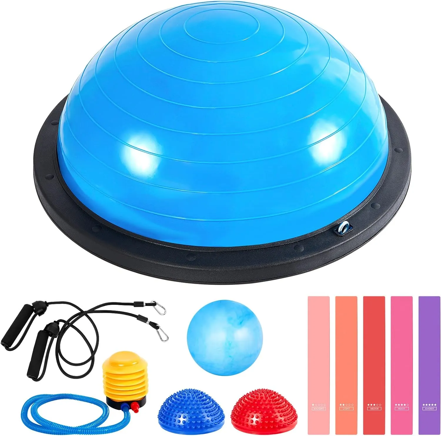 Honoson Half Ball Trainer Yoga Ball with Resistant Band Foot Pump Set, Half Exercise with Fitness Elastic Belt Hedgehog Balance Pods for Core Stability Full Body Workout Home Gym Office