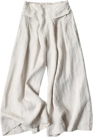 Hooever Women's Cotton Linen Culottes Pants Elastic Waist Wide Leg Palazzo Trousers Capri Pant