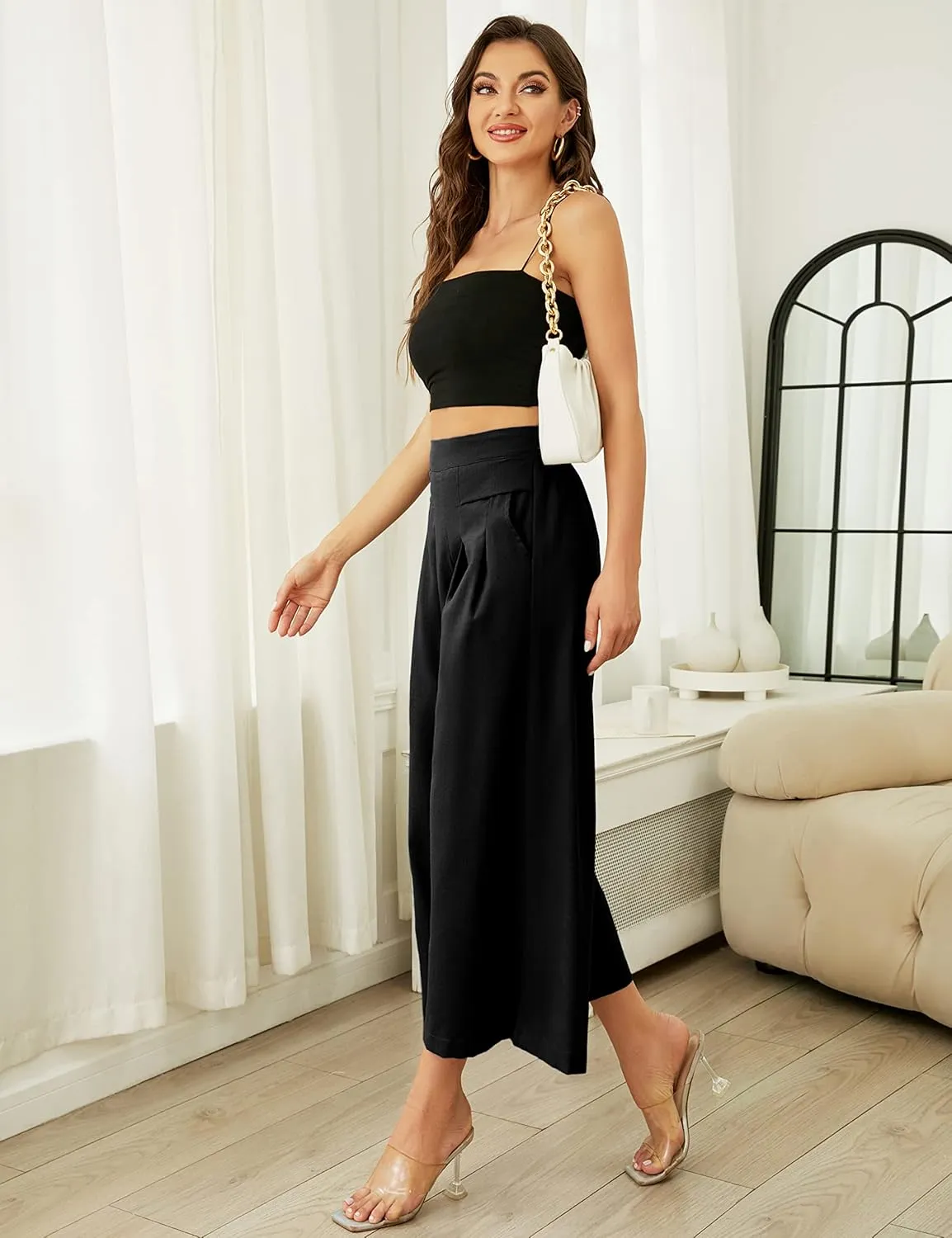 Hooever Women's Cotton Linen Culottes Pants Elastic Waist Wide Leg Palazzo Trousers Capri Pant