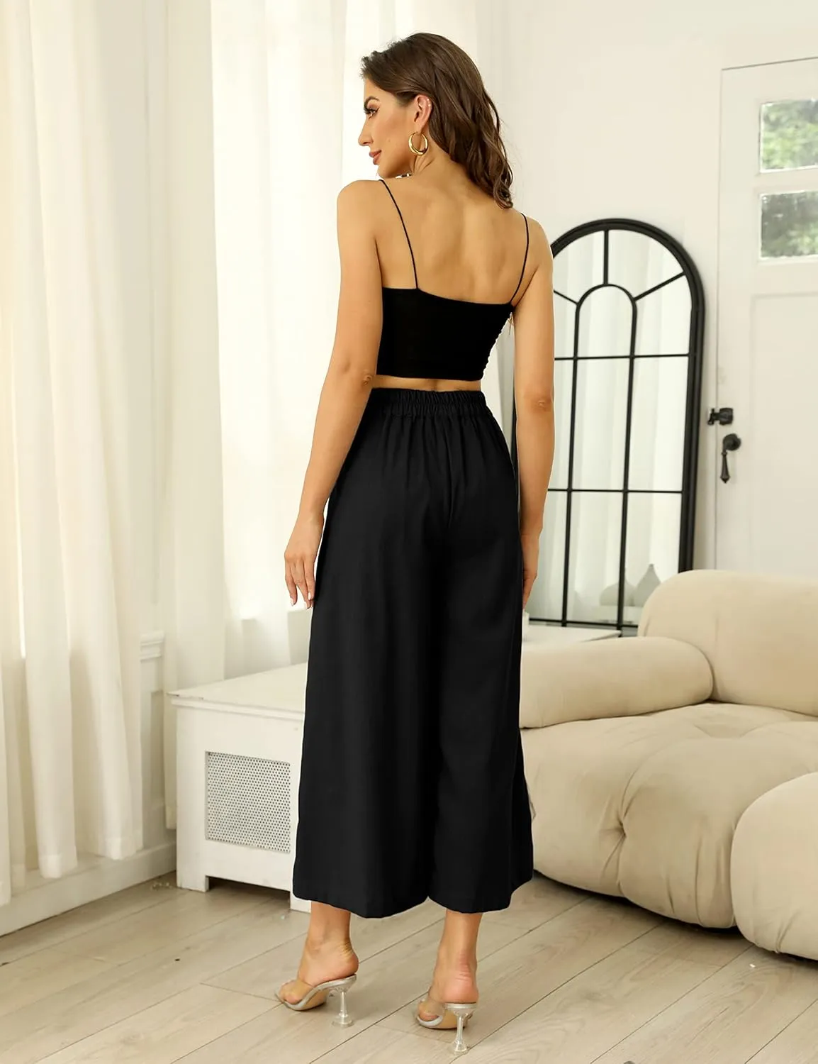 Hooever Women's Cotton Linen Culottes Pants Elastic Waist Wide Leg Palazzo Trousers Capri Pant