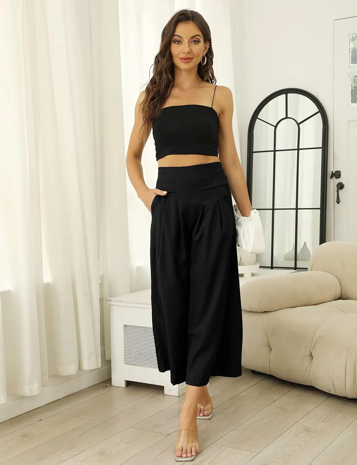 Hooever Women's Cotton Linen Culottes Pants Elastic Waist Wide Leg Palazzo Trousers Capri Pant