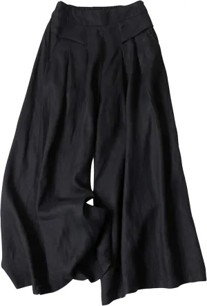 Hooever Women's Cotton Linen Culottes Pants Elastic Waist Wide Leg Palazzo Trousers Capri Pant