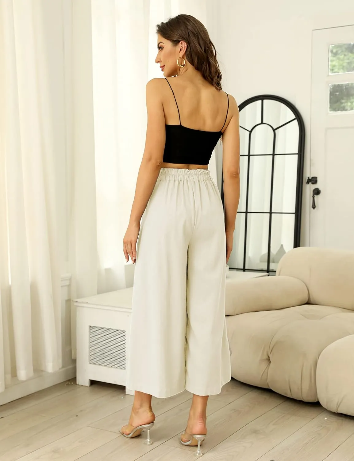 Hooever Women's Cotton Linen Culottes Pants Elastic Waist Wide Leg Palazzo Trousers Capri Pant