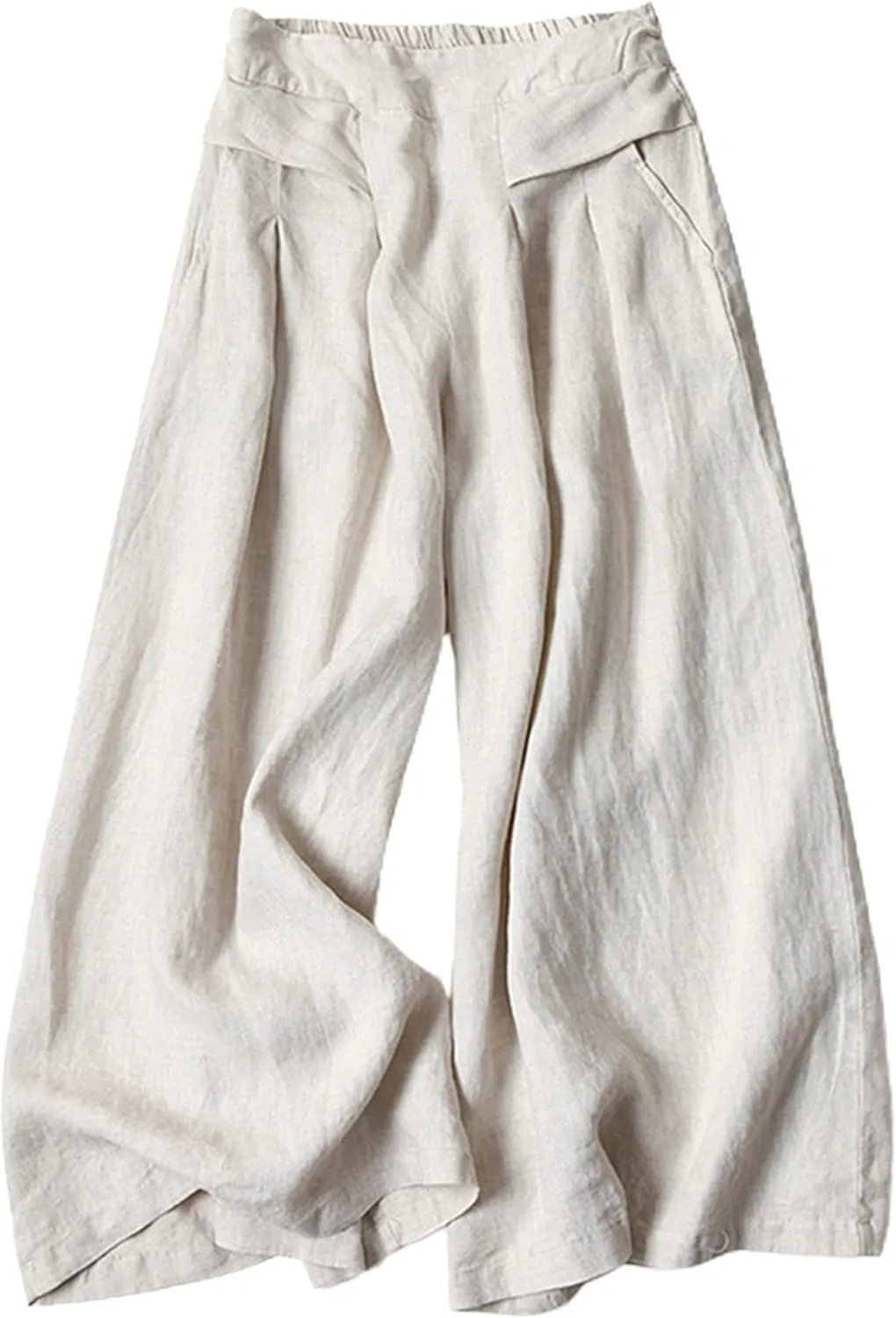 Hooever Women's Cotton Linen Culottes Pants Elastic Waist Wide Leg Palazzo Trousers Capri Pant