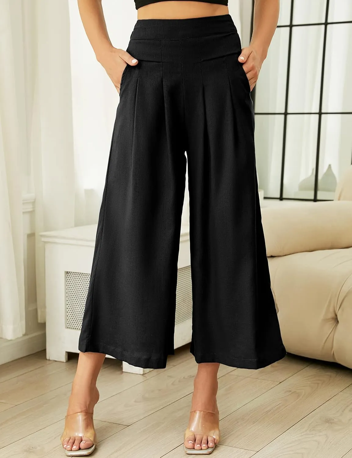 Hooever Women's Cotton Linen Culottes Pants Elastic Waist Wide Leg Palazzo Trousers Capri Pant